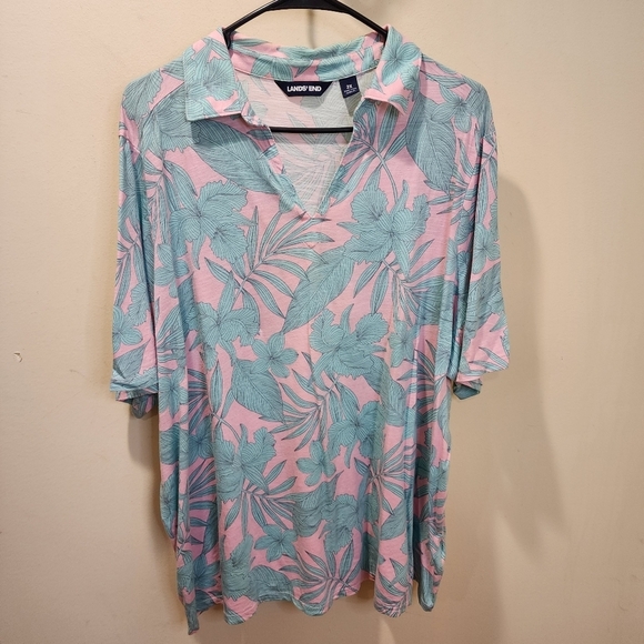 Land's End Women's Green and pink Floral plus size polo shirt 2X - Picture 1 of 11